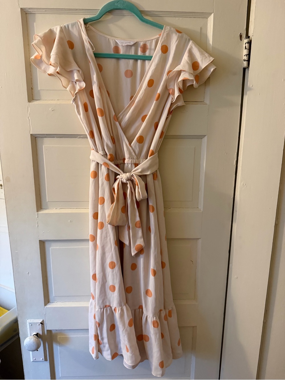 LC Lauren Conrad Cream Midi Wrap Dress with Orange Polka Dots